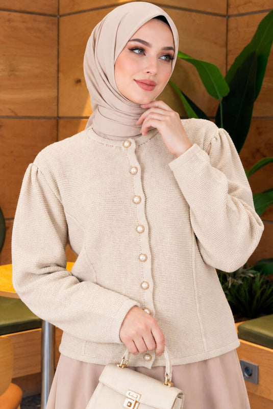 Chaqueta De Punto Beige Con Botones De Perla