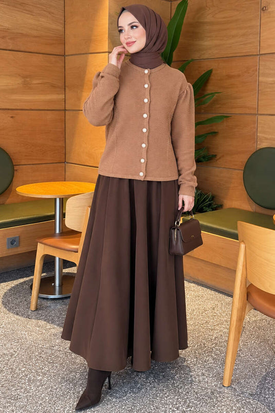Camel Pearl Button Knit Cardigan