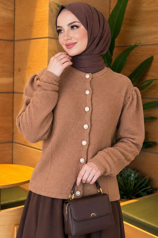 Camel Pearl Button Knit Cardigan