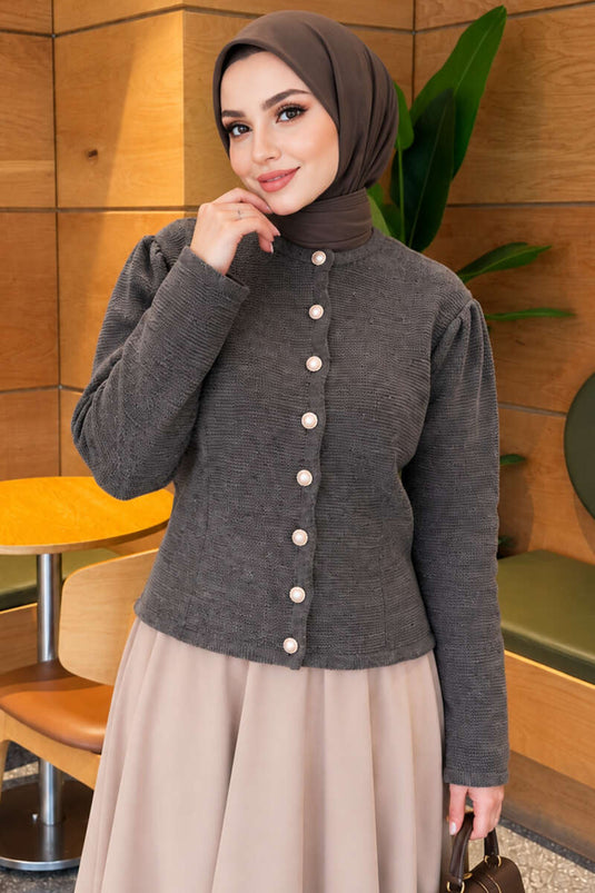 Cardigan In Maglia Con Bottoni A Perla Grigio Fumo
