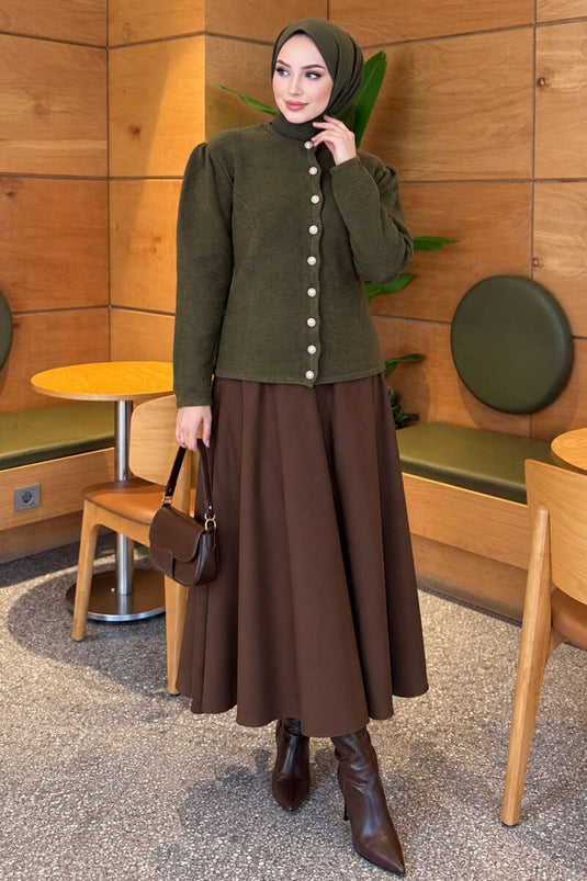 Beige Pearl Button Knit Cardigan