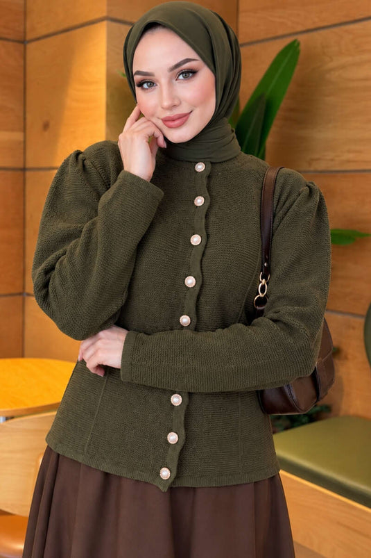 Beige Pearl Button Knit Cardigan