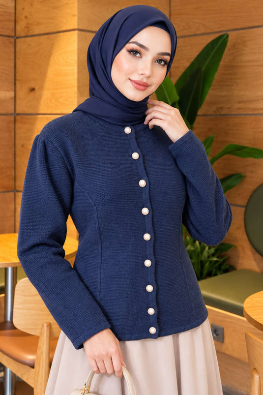 Indigo Pearl Button Knit Cardigan