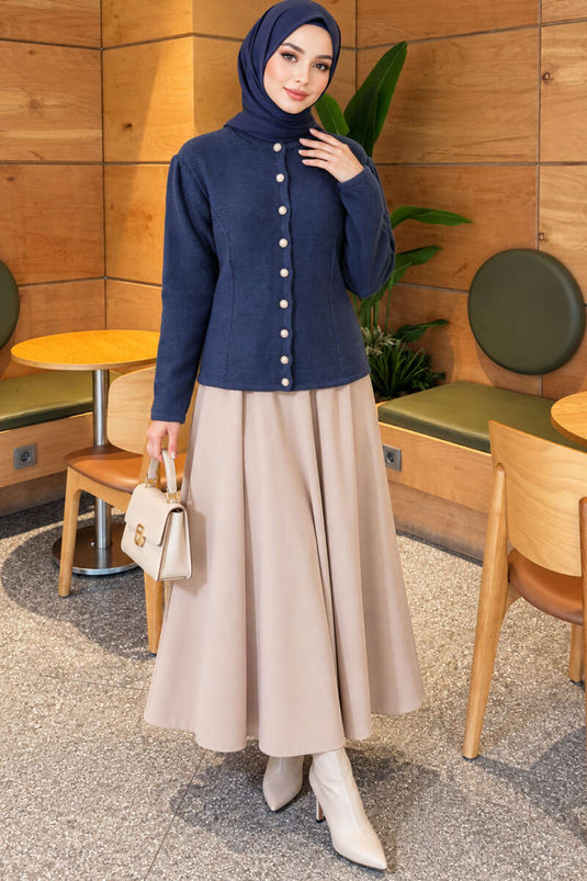 Indigo Pearl Button Knit Cardigan