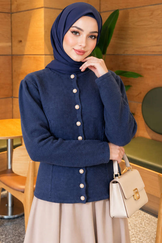 Indigo Pearl Button Knit Cardigan