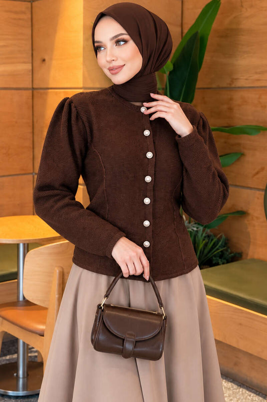 Beige Pearl Button Knit Cardigan