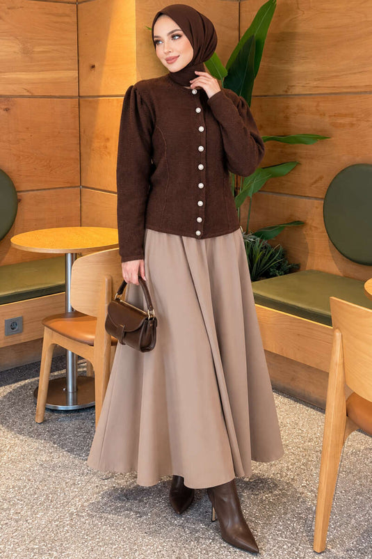 Beige Pearl Button Knit Cardigan