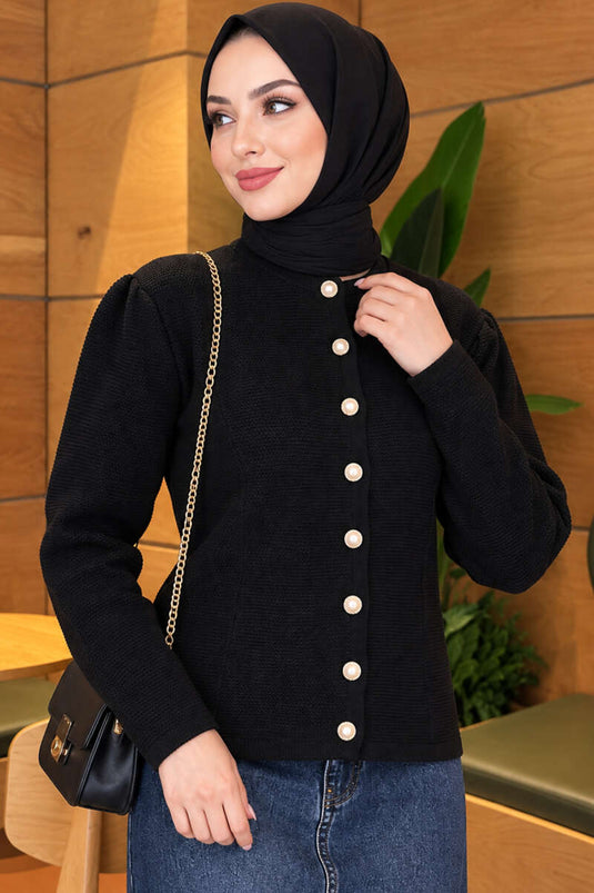 Gilet En Maille Noir À Boutons En Perle
