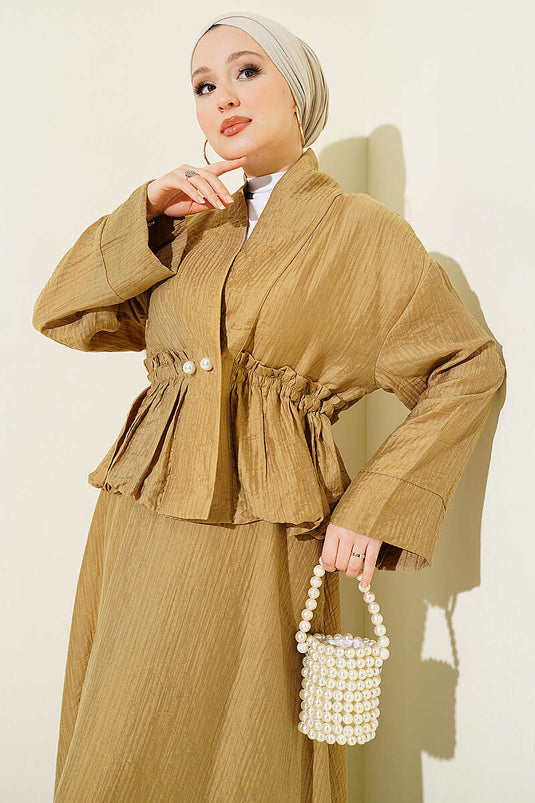 Ensemble jupe froncée à la taille avec boutons nacrés, vert olive