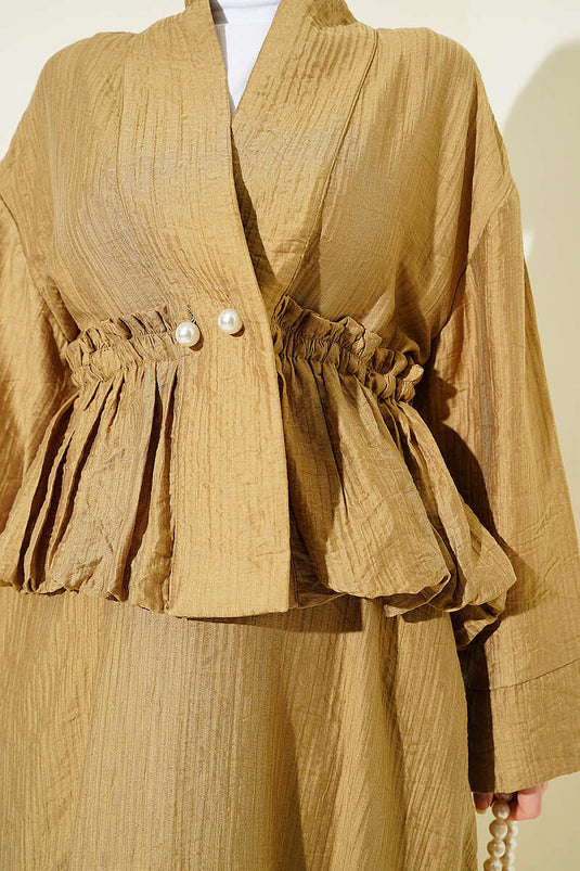 Ensemble jupe froncée à la taille avec boutons nacrés, vert olive