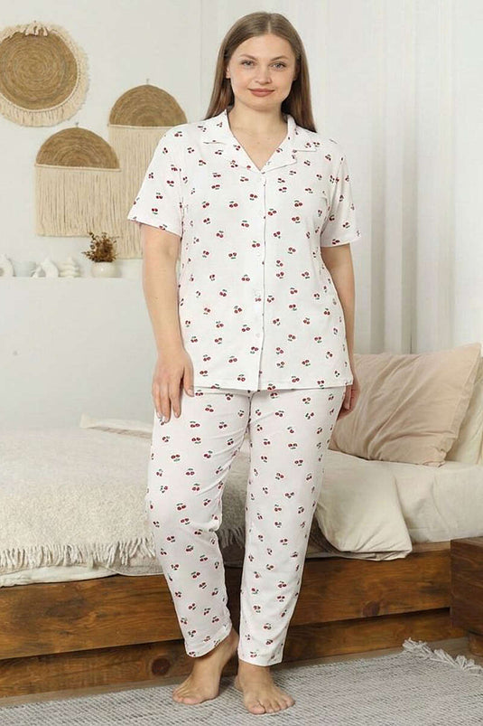 Pearl Button Cherry Print Plus Size Pajama Set White