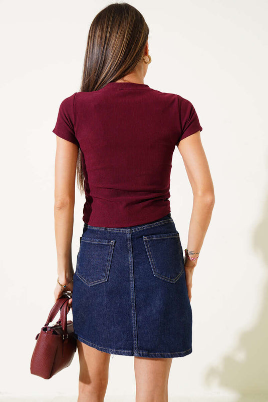 Pearl Bow Short Sleeve Crop Burgundy