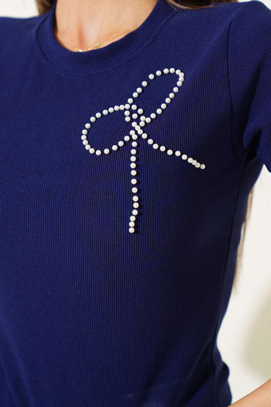 Parelstrik Korte Mouw Crop Marineblauw