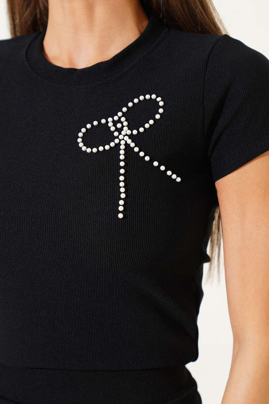 Pearl Bow Short Sleeve Crop Black