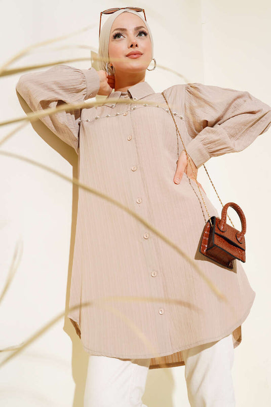 Beige Shirt with Pearl Embroidery