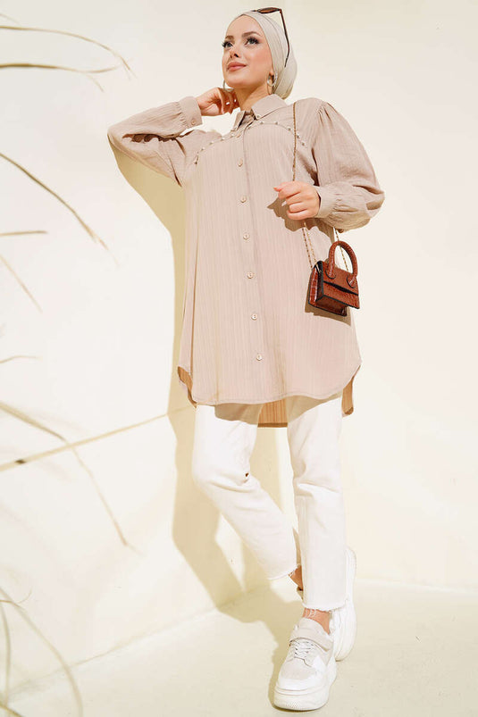 Beige Shirt with Pearl Embroidery