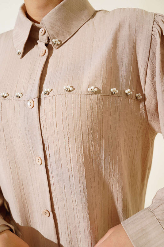 Perlebroderet skjorte Beige