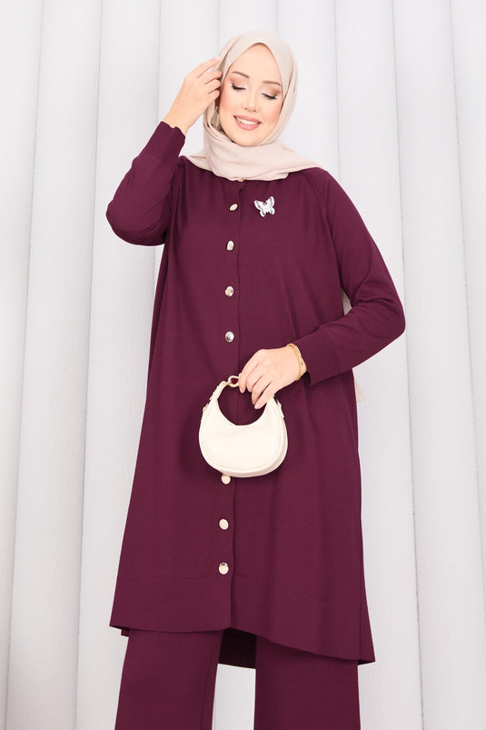 İnci Kelebek Broşlu Tesettür Triko Takım Bordo