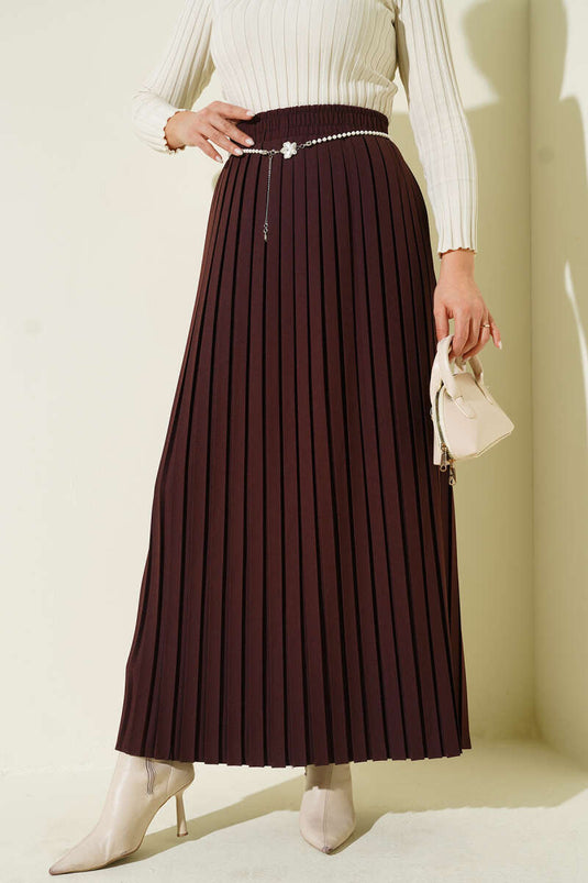 Pearl Belted Pleated Skirt Brown