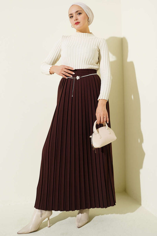 Pearl Belted Pleated Skirt Brown