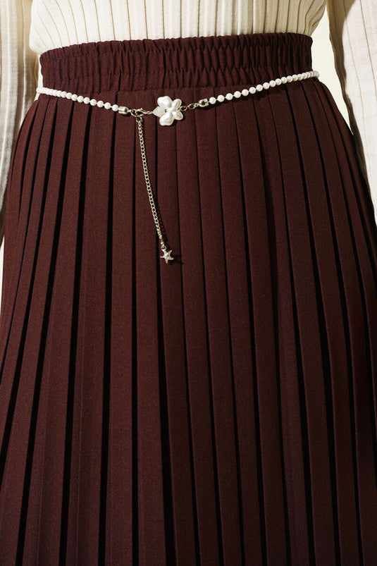 Pearl Belted Pleated Skirt Brown