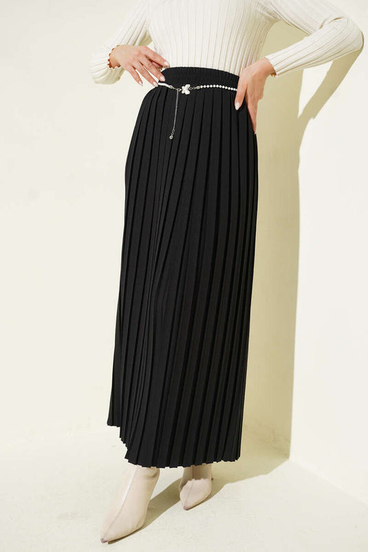 Pearl-Buckled Pleated Skirt Black