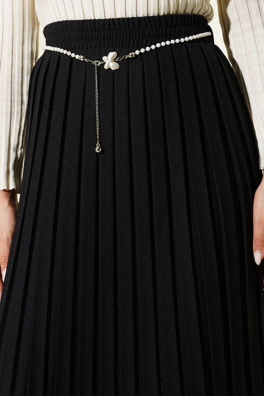 Pearl-Buckled Pleated Skirt Black