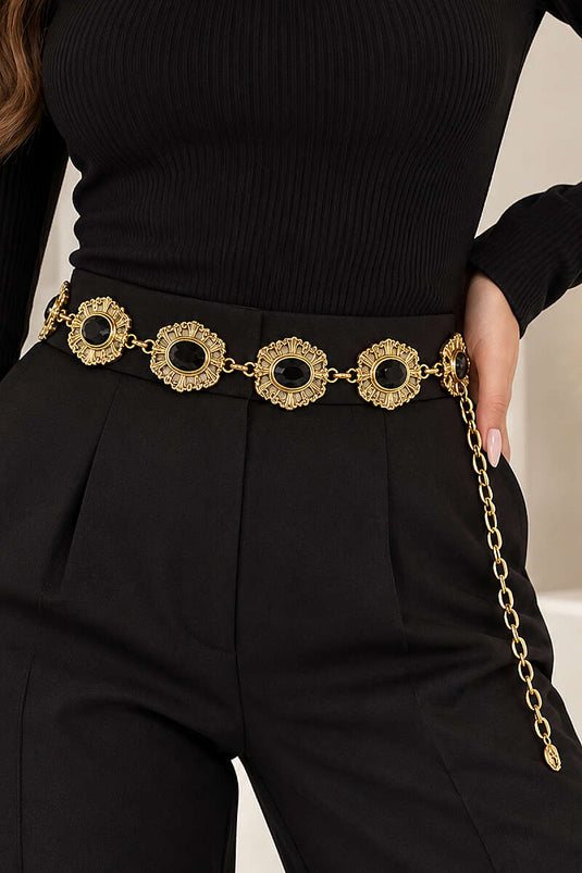Ceinture Chaîne Avec Symboles Ovales En Perle Or Noir