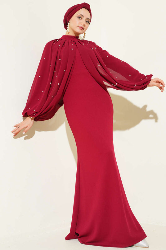 Robe de soirée bordeaux avec cape de perles