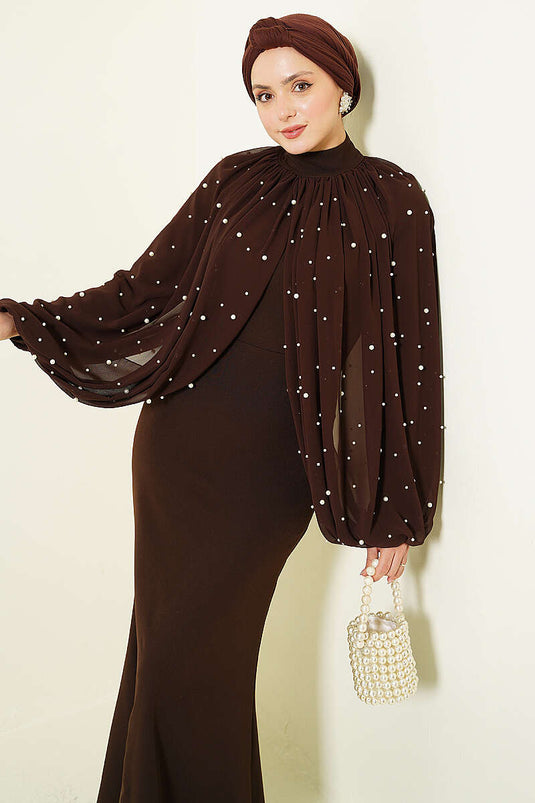 İnci Pelerine Abendkleid Braun