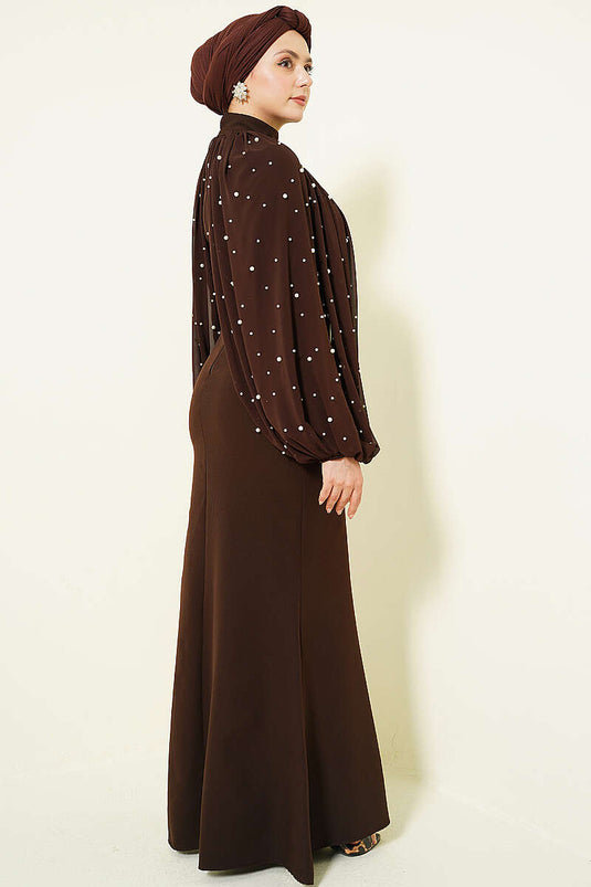İnci Pelerine Abendkleid Braun