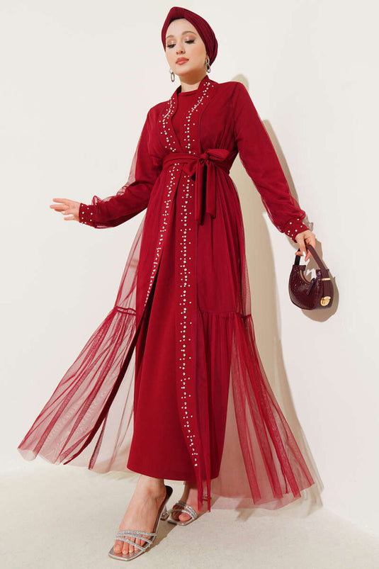Pearl Embellished Abaya Burgundy