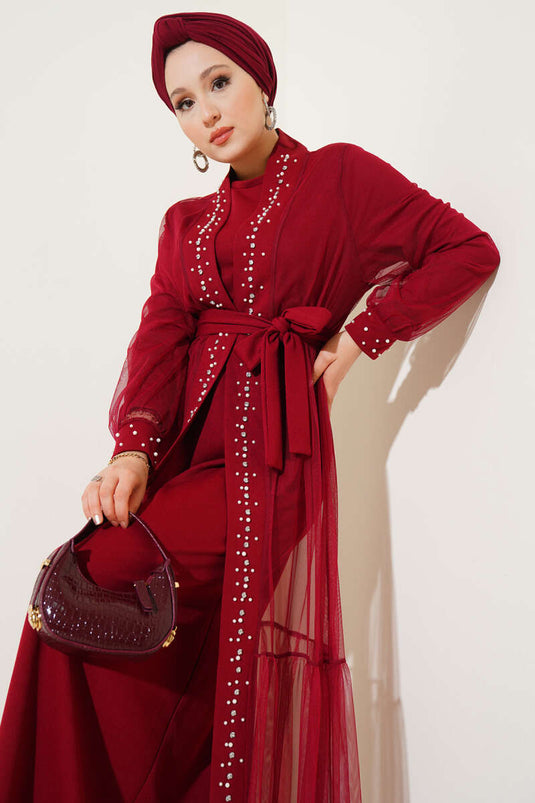 Pearl Embellished Abaya Burgundy