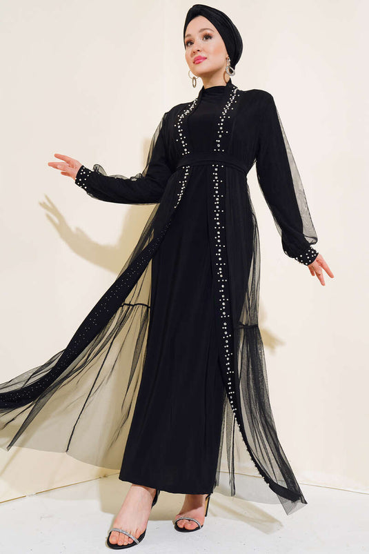 Pearl Embellished Abaya Black