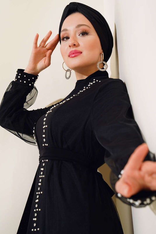 İnci Süslemeli Abaya Siyah