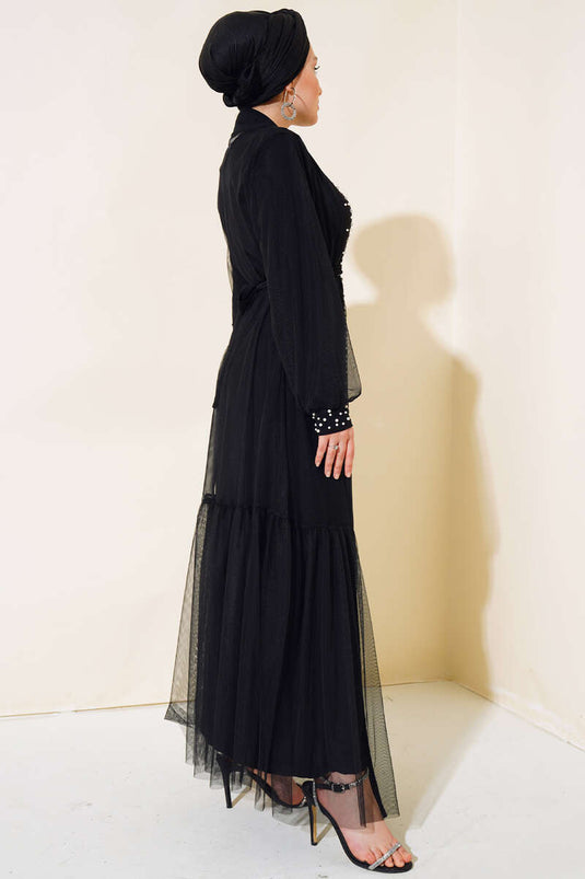 İnci Süslemeli Abaya Siyah