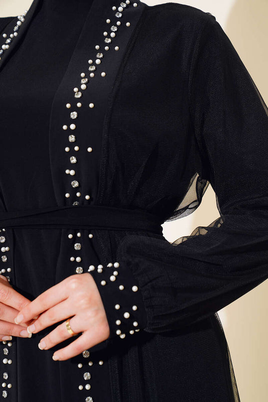 Pearl Embellished Abaya Black