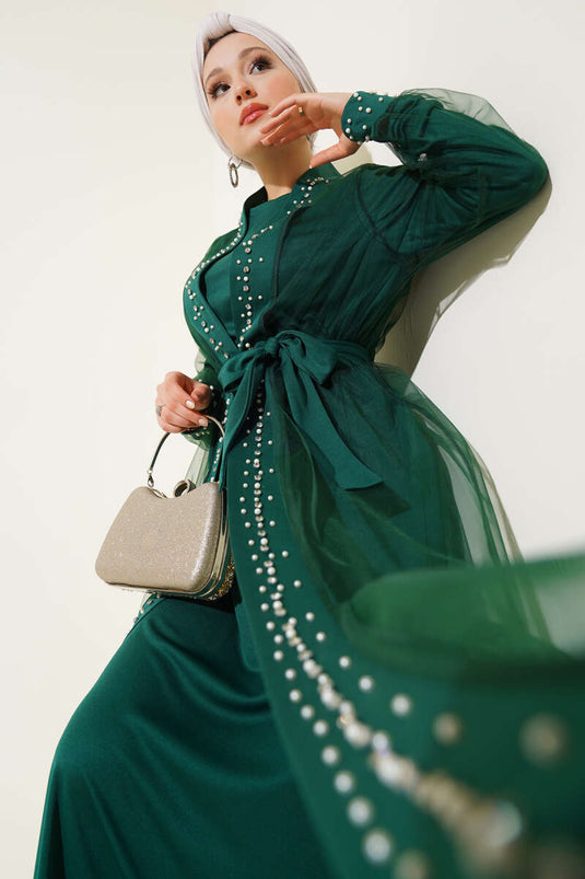Pearl Embellished Abaya Green