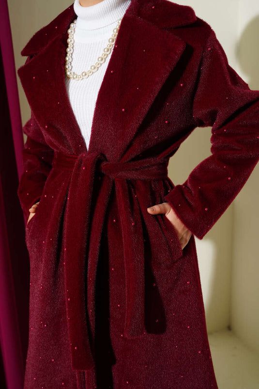 Pearl-Embellished Goldfox Coat Burgundy