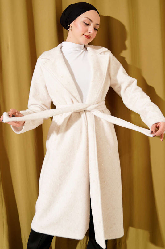 Goldfox Coat with Pearl Embellishment and Belt, Beige