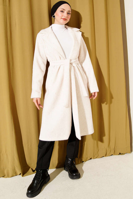 Goldfox Coat with Pearl Embellishment and Belt, Beige