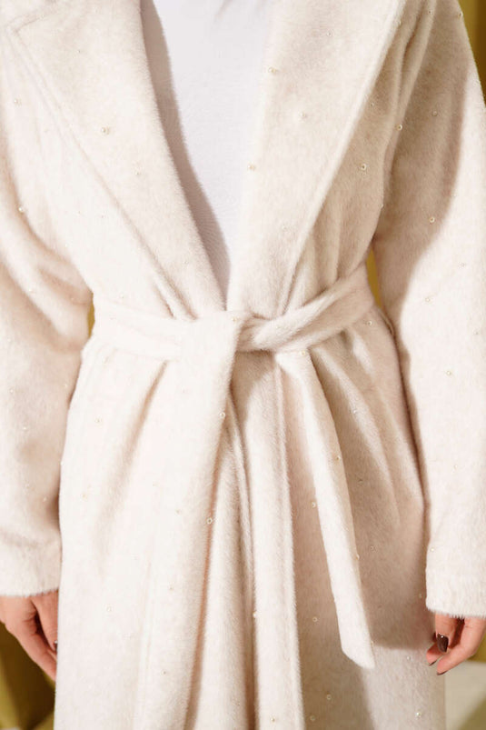 Goldfox Coat with Pearl Embellishment and Belt, Beige
