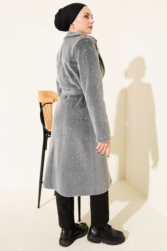 Goldfox Coat with Pearl Embellishment and Belt, Smoke Grey