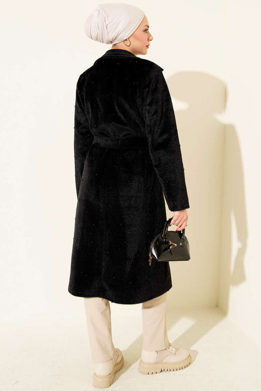Goldfox Coat with Pearl Embellishment and Belt, Black