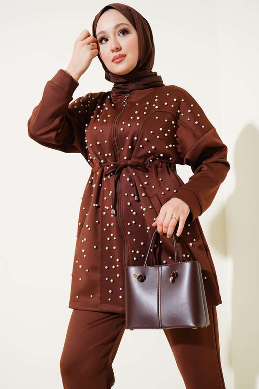 Pearl Embellished Scuba Two-Piece Set Brown