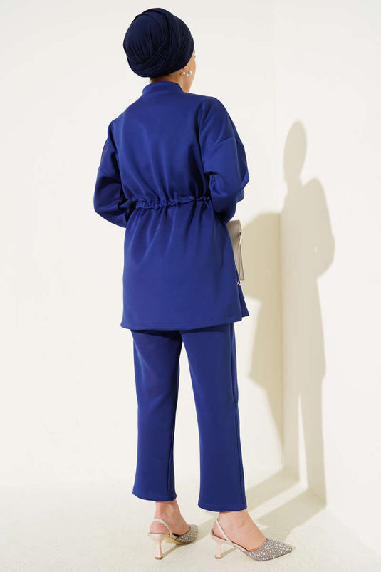 Pearl Embellished Scuba Two-Piece Set Navy Blue