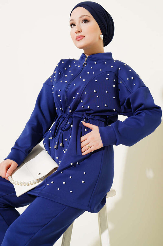 Pearl Embellished Scuba Two-Piece Set Navy Blue