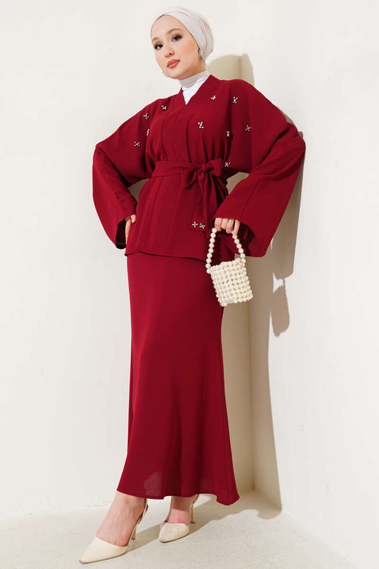 İnci Taşlı Süslemeli Etekli İkili Takım Bordo