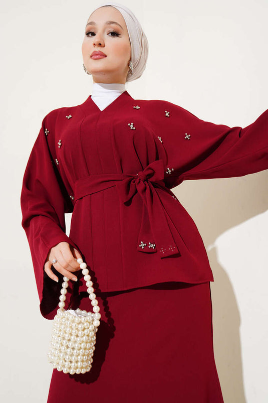 İnci Taşlı Süslemeli Etekli İkili Takım Bordo