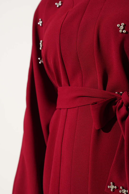 İnci Taşlı Süslemeli Etekli İkili Takım Bordo